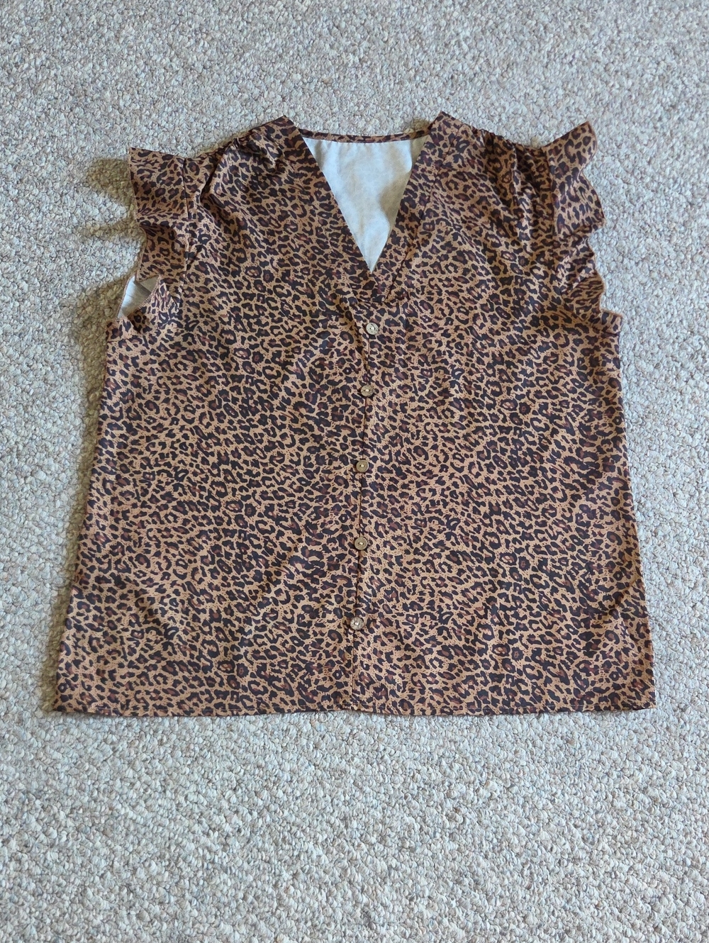 Leopard Print V-Neck Ruffle Sleeve Top - Brown